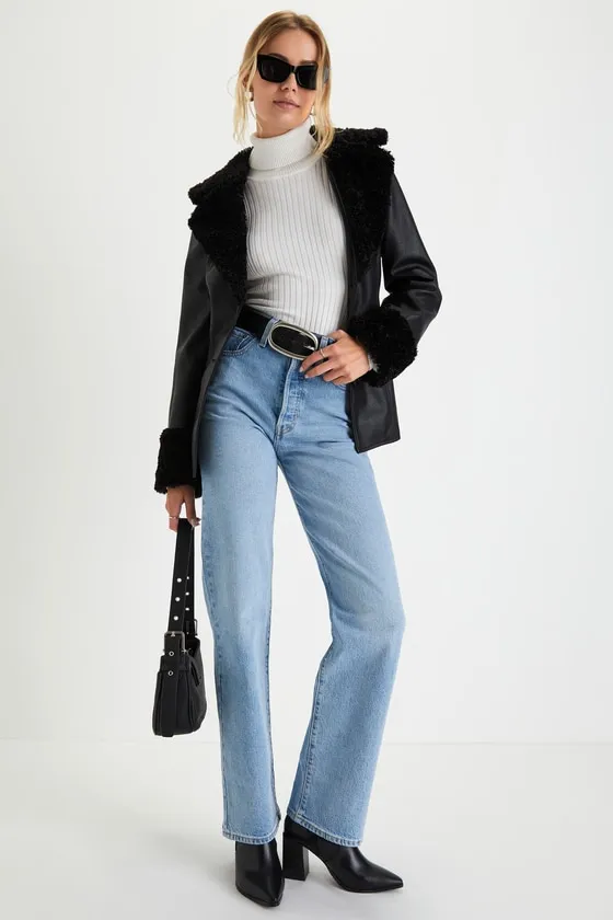 Trendsetting Muse Black Vegan Leather Faux Fur Belted Jacket sold by Lulus product image thumbnail 2