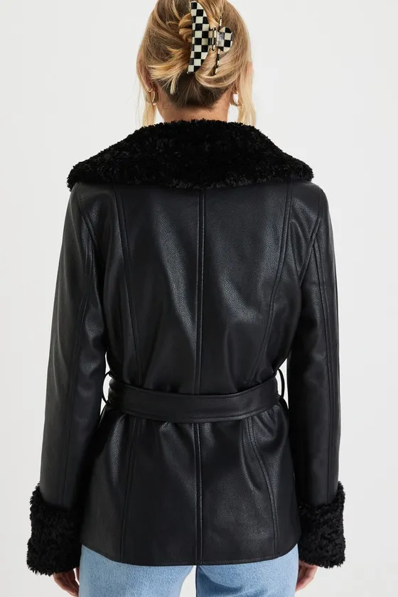 Trendsetting Muse Black Vegan Leather Faux Fur Belted Jacket sold by Lulus product image thumbnail 3