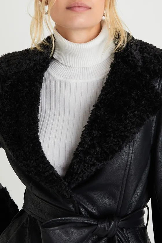 Trendsetting Muse Black Vegan Leather Faux Fur Belted Jacket sold by Lulus product image thumbnail 4