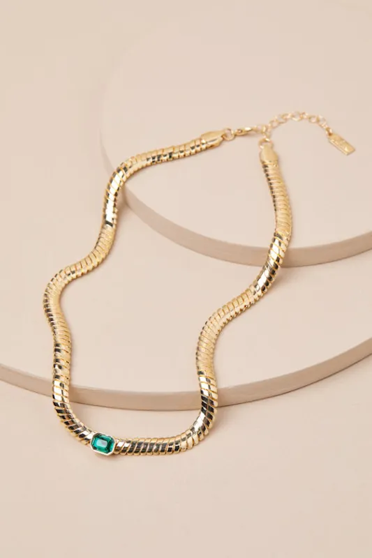 Charming Boldness Gold and Green Rhinestone Choker Necklace sold by Lulus