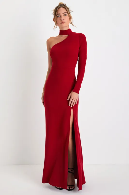 Keep It Interesting Red Cutout One-Shoulder Maxi Dress sold by Lulus