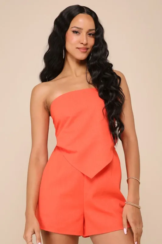 Iconic Pose Neon Orange Strapless Handkerchief Romper sold by Lulus