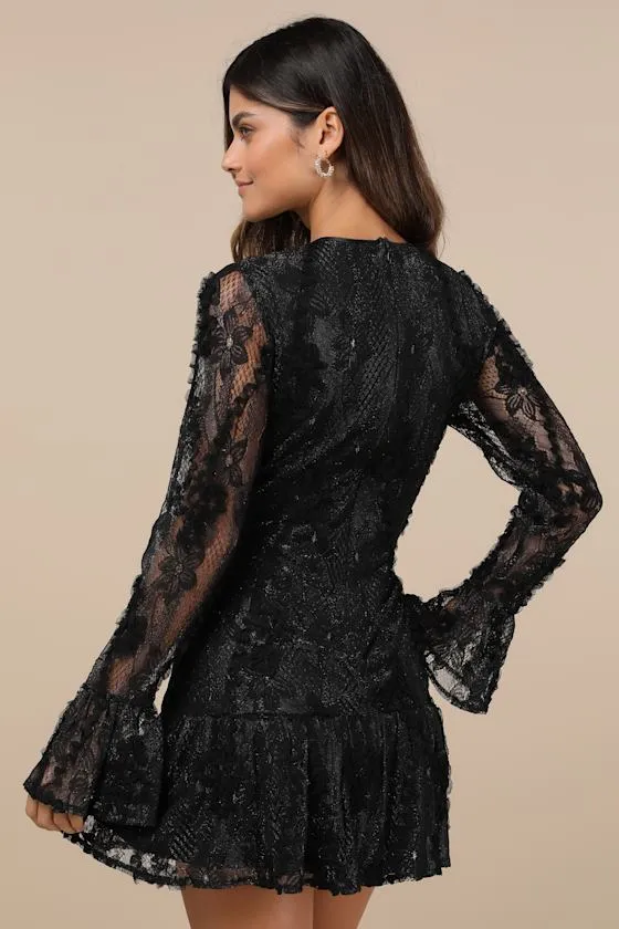 Darling Era Black Lace Applique Long Sleeve Ruffled Mini Dress sold by Lulus product image thumbnail 3