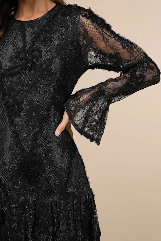 Darling Era Black Lace Applique Long Sleeve Ruffled Mini Dress sold by Lulus product image thumbnail 4
