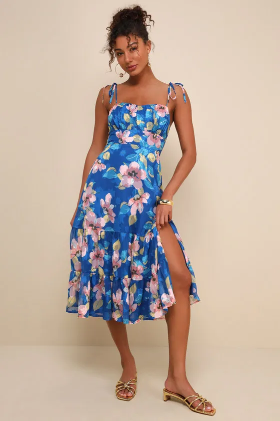 Tea Party Chic Blue Floral Print Tie-Strap Tiered Midi Dress sold by Lulus