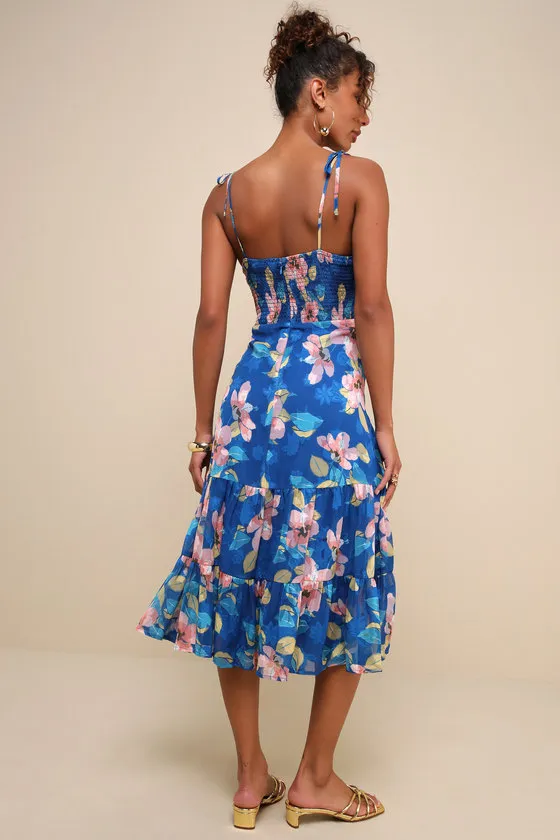 Tea Party Chic Blue Floral Print Tie-Strap Tiered Midi Dress sold by Lulus product image thumbnail 2