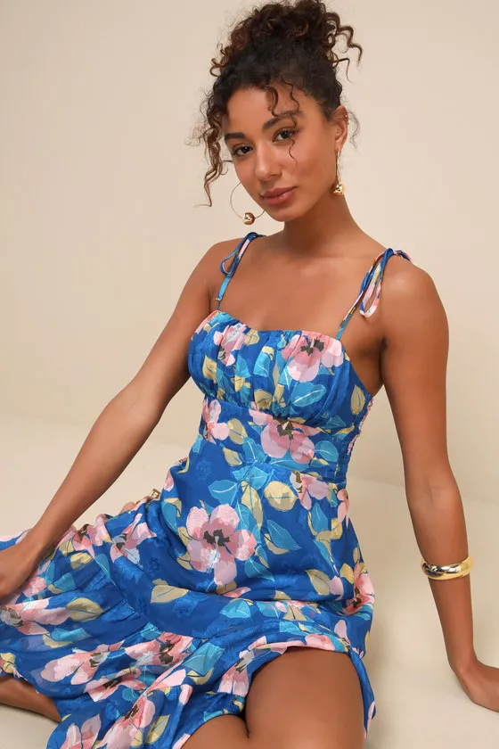 Tea Party Chic Blue Floral Print Tie-Strap Tiered Midi Dress sold by Lulus product image thumbnail 3