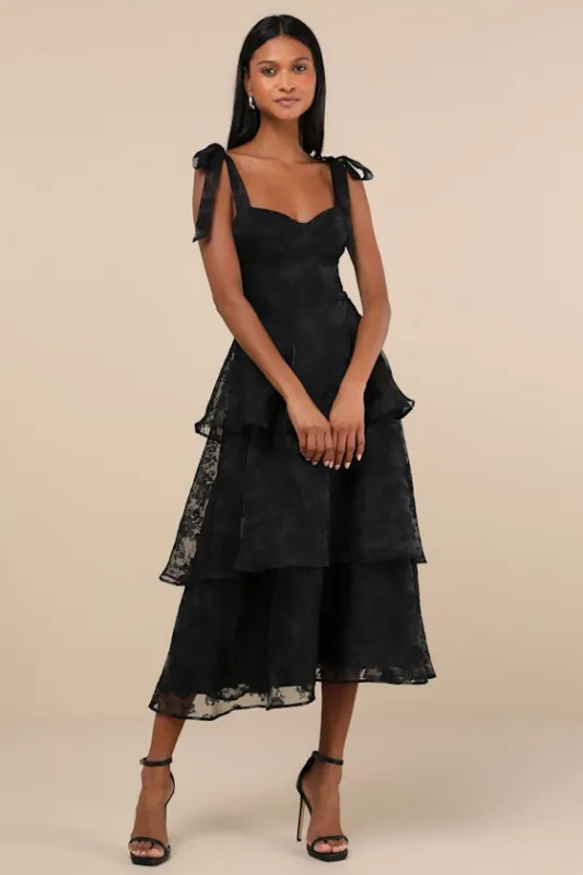 Glamorous Sweetie Black Burnout Tie-Strap Bustier Midi Dress sold by Lulus
