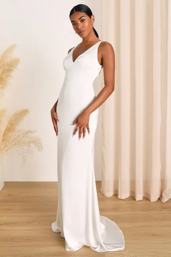 Polished Perfection White Satin Sleeveless Mermaid Maxi Dress sold by Lulus