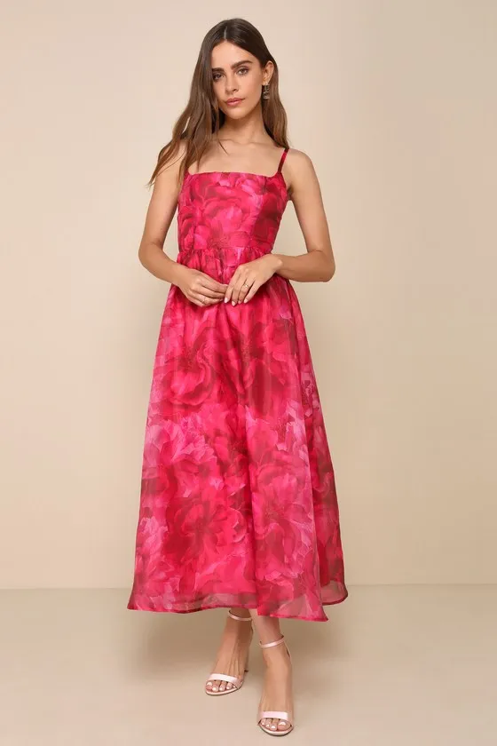 Darling Icon Dark Pink Floral Organza Lace-Up Midi Dress sold by Lulus