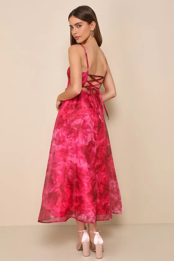 Darling Icon Dark Pink Floral Organza Lace-Up Midi Dress sold by Lulus product image thumbnail 2