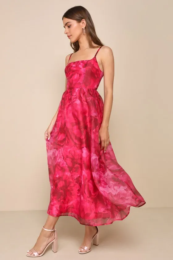 Darling Icon Dark Pink Floral Organza Lace-Up Midi Dress sold by Lulus product image thumbnail 4