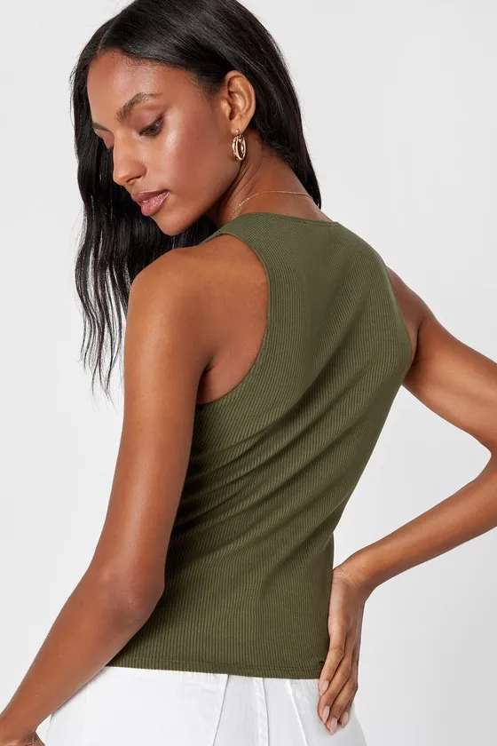 Trendy Endeavor Olive Green Ribbed Notched Tank Top sold by Lulus product image thumbnail 3