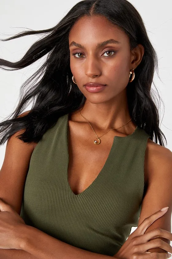 Trendy Endeavor Olive Green Ribbed Notched Tank Top sold by Lulus product image thumbnail 4