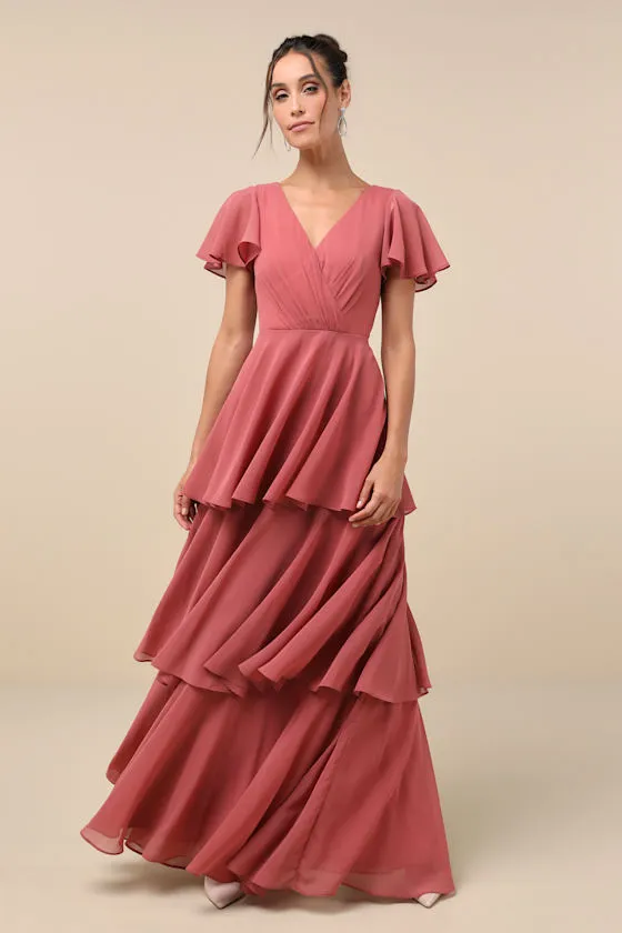 Sincerely Exquisite Rusty Rose Short Sleeve Tiered Maxi Dress sold by Lulus