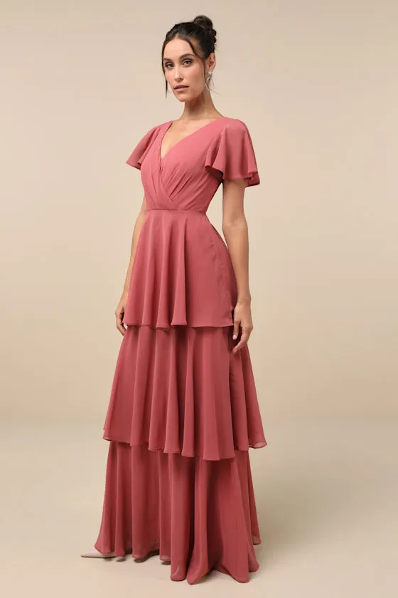 Sincerely Exquisite Rusty Rose Short Sleeve Tiered Maxi Dress sold by Lulus product image thumbnail 2