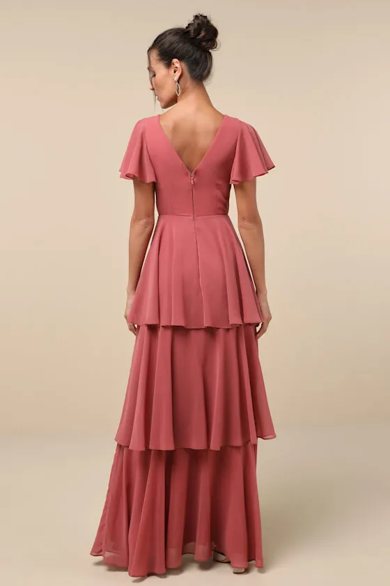 Sincerely Exquisite Rusty Rose Short Sleeve Tiered Maxi Dress sold by Lulus product image thumbnail 3