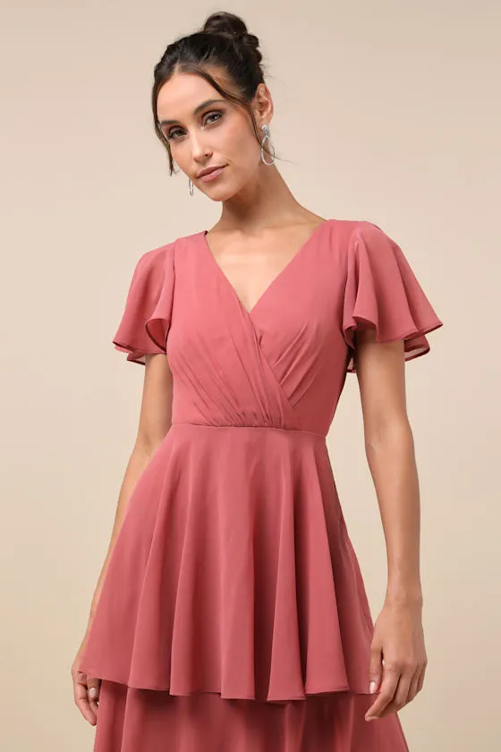 Sincerely Exquisite Rusty Rose Short Sleeve Tiered Maxi Dress sold by Lulus product image thumbnail 4