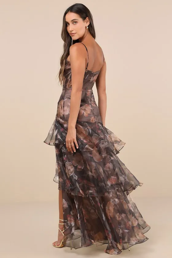 Exquisite Finesse Brown Floral Organza Ruffled Maxi Dress sold by Lulus product image thumbnail 2