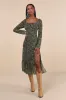 Perfectly Elevated Olive Green Floral Long Sleeve Midi Dress sold by Lulus
