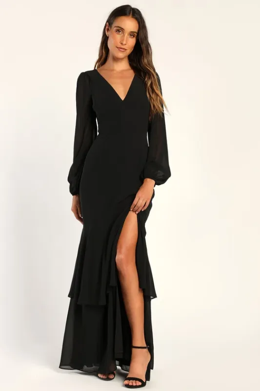 Tier Elegance Black Long Sleeve Tiered Maxi Dress sold by Lulus