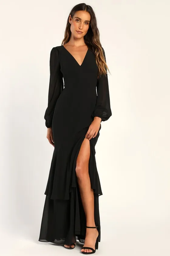 Tier Elegance Black Long Sleeve Tiered Maxi Dress sold by Lulus
