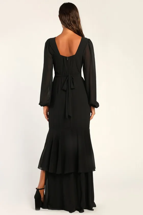 Tier Elegance Black Long Sleeve Tiered Maxi Dress sold by Lulus product image thumbnail 4