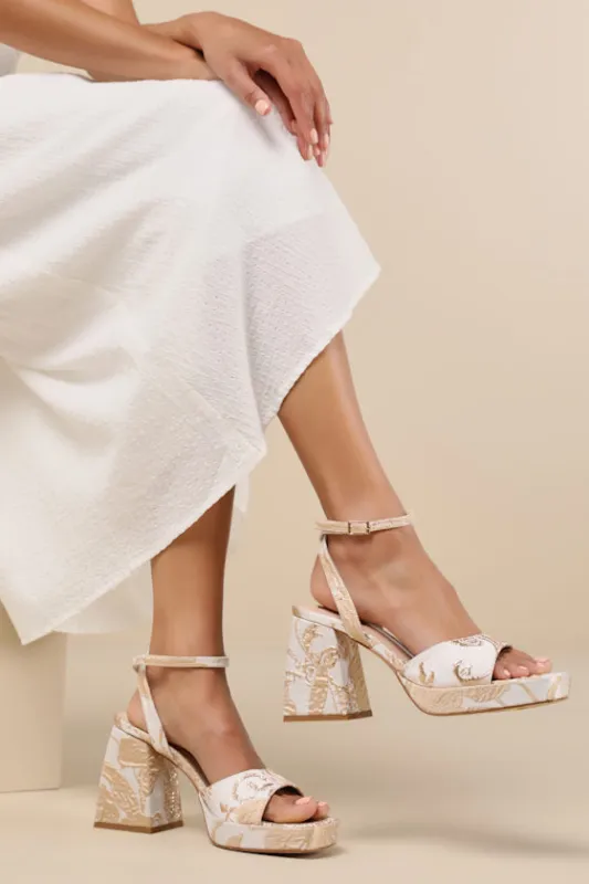 Shirine White and Gold Jacquard Platform Ankle Strap Pumps sold by Lulus