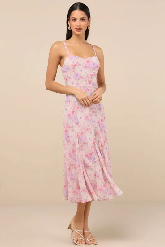 Charmed Invite Pink Floral Midi Dress sold by Lulus