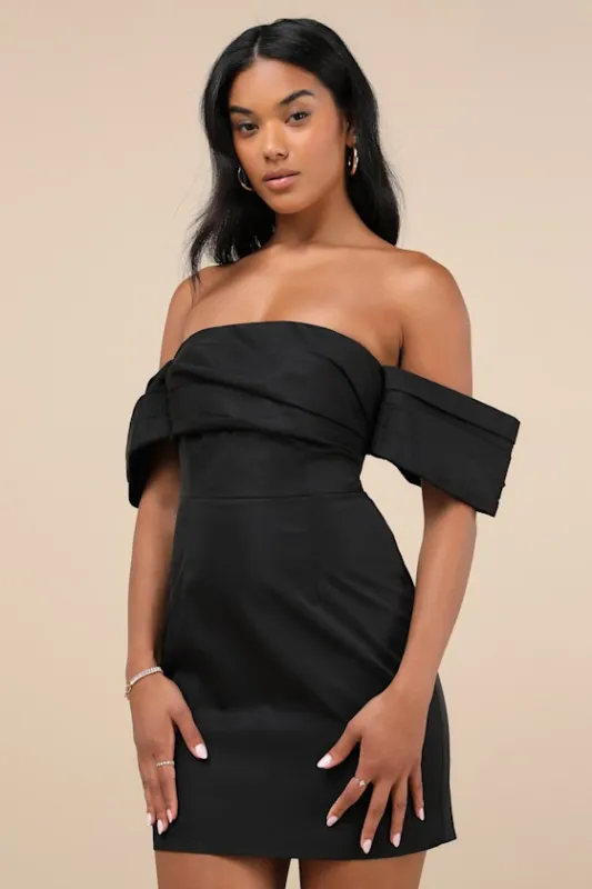 Totally Haute Black Satin Pleated Off-the-Shoulder Mini Dress sold by Lulus
