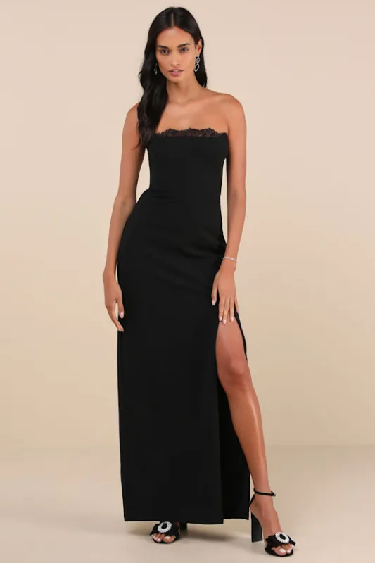 Memorably Iconic Black Strapless Lace Bustier Maxi Dress sold by Lulus