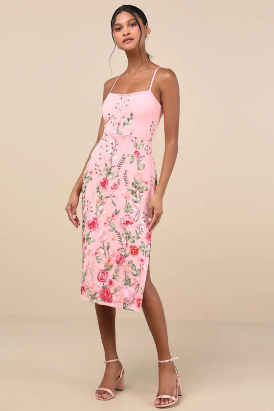 Blooming For Love Pink Floral Embroidered Midi Dress sold by Lulus