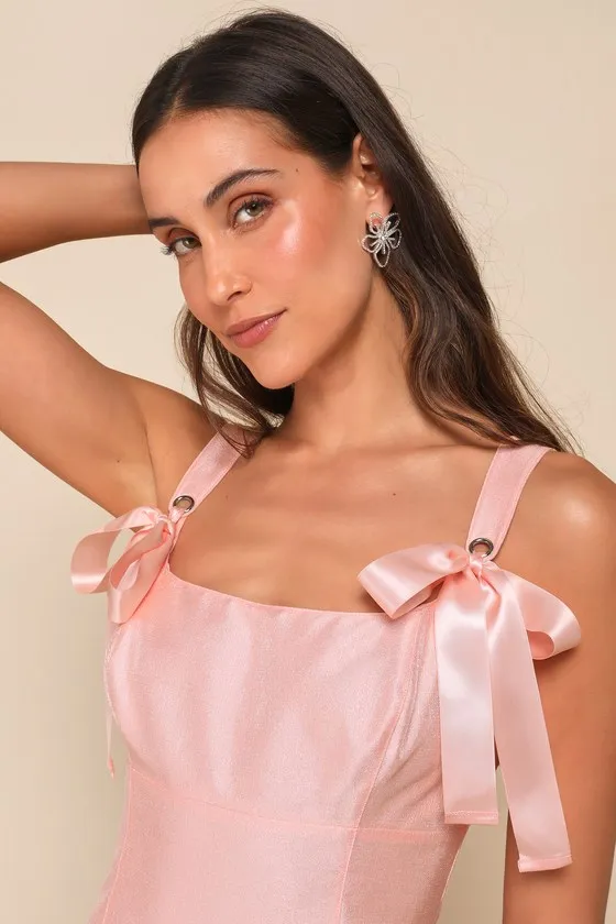Exceptionally Precious Shiny Peach Pink Ribbon Bow Mini Dress sold by Lulus product image thumbnail 4