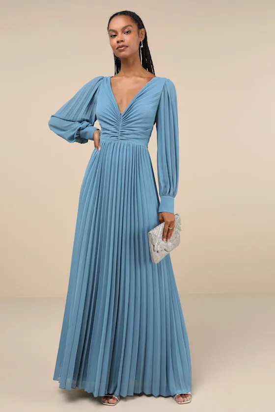Sophisticated Grace Slate Blue Pleated Long Sleeve Maxi Dress sold by Lulus