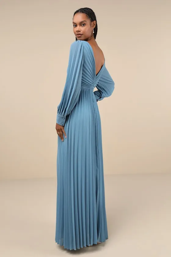 Sophisticated Grace Slate Blue Pleated Long Sleeve Maxi Dress sold by Lulus product image thumbnail 2