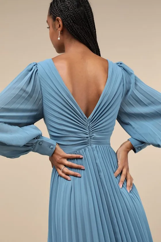 Sophisticated Grace Slate Blue Pleated Long Sleeve Maxi Dress sold by Lulus product image thumbnail 3