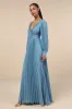 Sophisticated Grace Slate Blue Pleated Long Sleeve Maxi Dress sold by Lulus