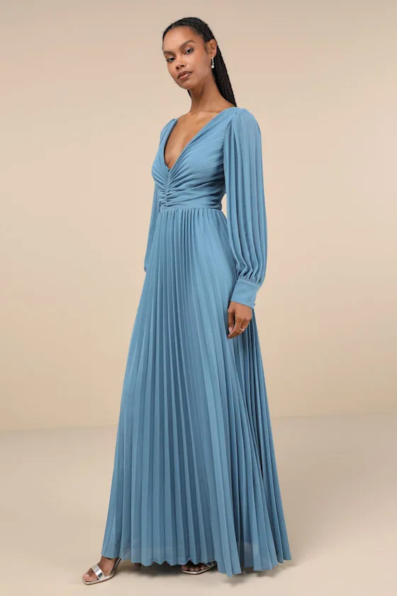 Sophisticated Grace Slate Blue Pleated Long Sleeve Maxi Dress sold by Lulus product image thumbnail 4