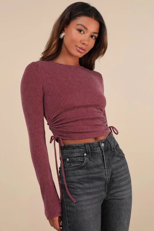 Sweet Ease Berry Red Textured Ribbed Ruched Long Sleeve Top sold by Lulus