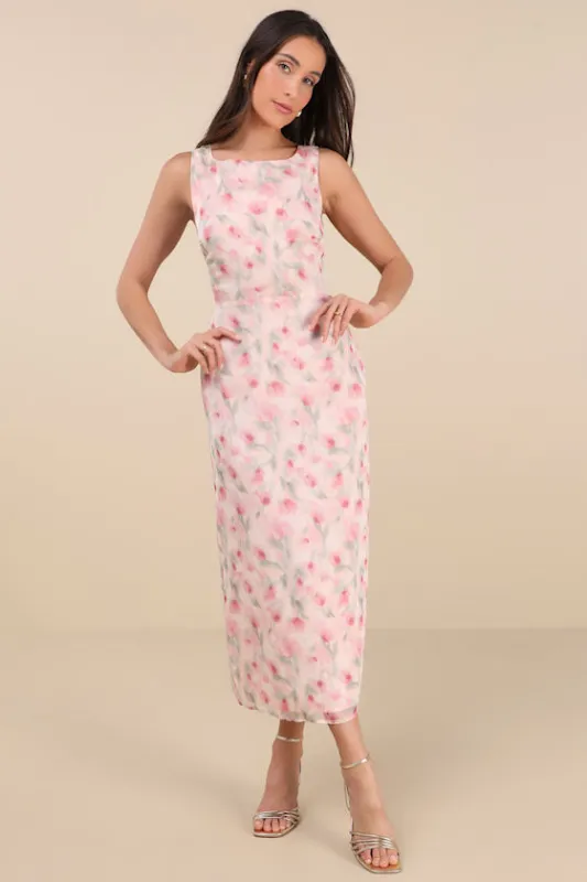 Charismatic Days Pink Floral Cowl Back Midi Dress sold by Lulus