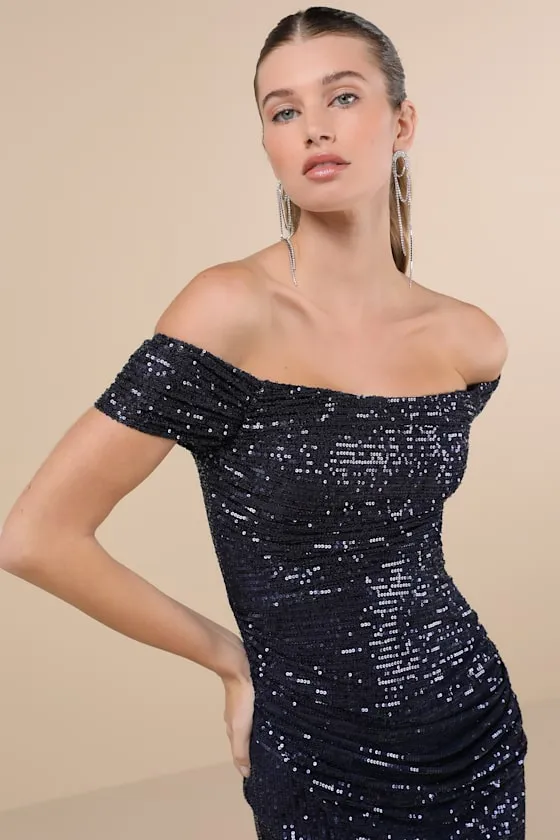 Glittering Attitude Navy Blue Sequin Off-the-Shoulder Mini Dress sold by Lulus product image thumbnail 4
