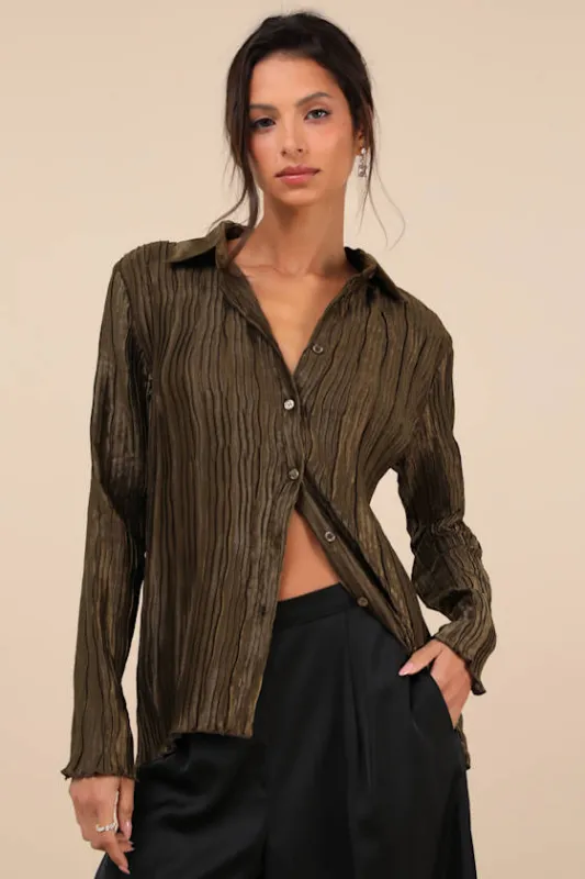 Perfected Sophistication Dark Olive Green Plisse Button-Up Top sold by Lulus
