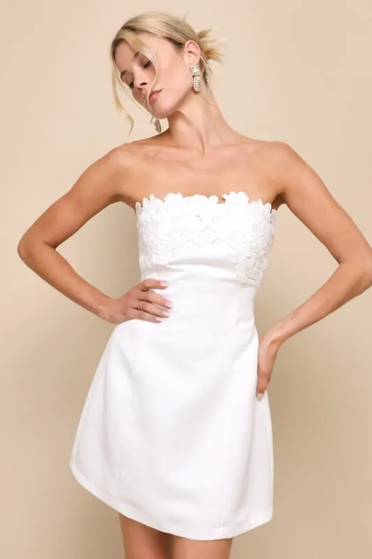 Unforgettable Icon White Satin Strapless Floral Mini Dress sold by Lulus
