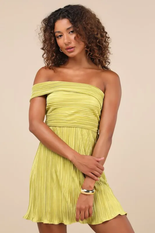 Poised Performance Chartreuse Plisse One-Shoulder Mini Dress sold by Lulus