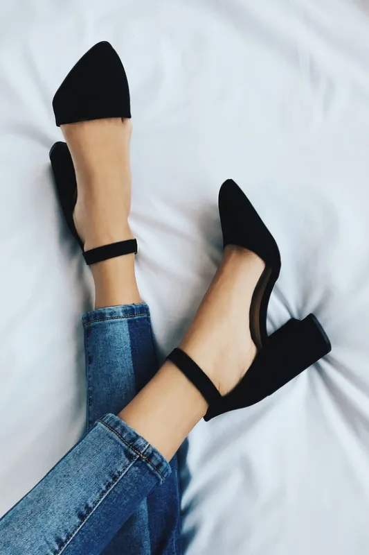 Ellarose Black Suede Ankle Strap Heels sold by Lulus
