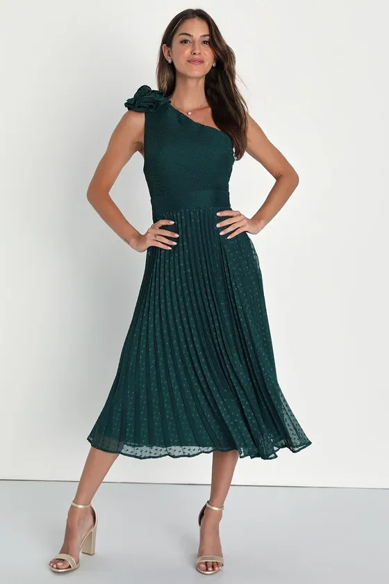 Special Charm Teal Pleated Swiss Dot One-Shoulder Midi Dress sold by Lulus
