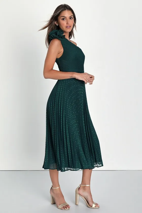 Special Charm Teal Pleated Swiss Dot One-Shoulder Midi Dress sold by Lulus product image thumbnail 4