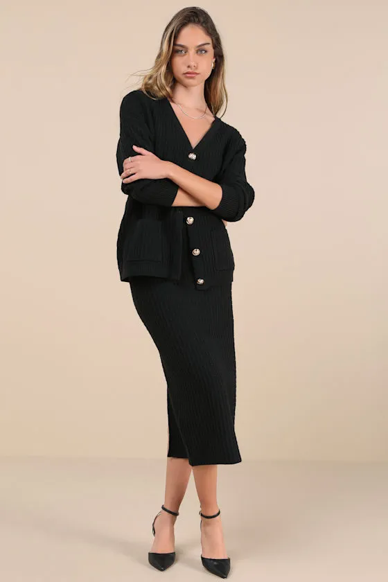Toasty Sophistication Black Two-Piece Cardi Sweater Midi Dress sold by Lulus
