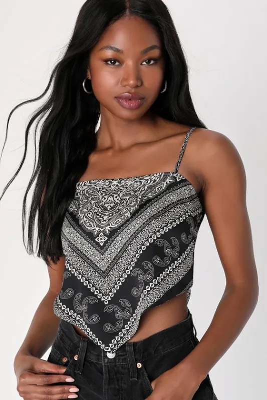 Rodeo Romance Black Paisley Bandana Print Handkerchief Top sold by Lulus