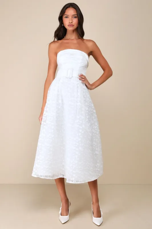 Enviable Grace White Burnout Strapless Belted Midi Dress sold by Lulus